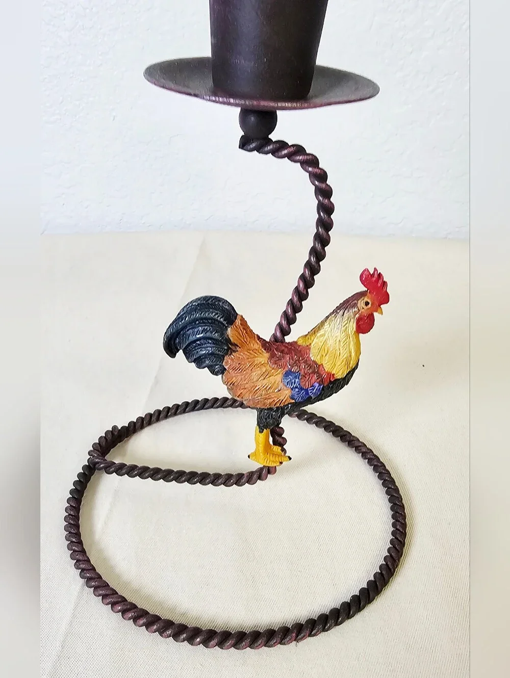 Rustic Rooster Taper Candle Holder Twisted Metal Farmhouse Country Decor 6.5